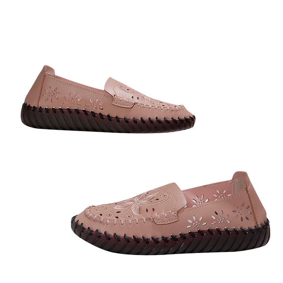 Pink Ladies Leather Slip-On Flat Shoes With Low Heel And Round Toe Designed For Comfort In Work And Leisure Occasions