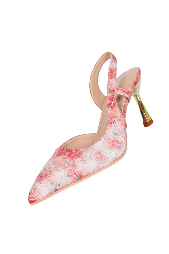 Pink Ladies Pink Fashion Pumps Pointed Toe Slingback Block Heel Embroidered Floral Mesh