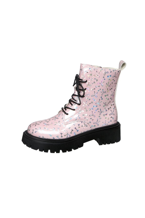 Pink Ladies Pu Printed Ankle Boots Front Lace Low Heel Side Zipper Round Toe Winter Casual