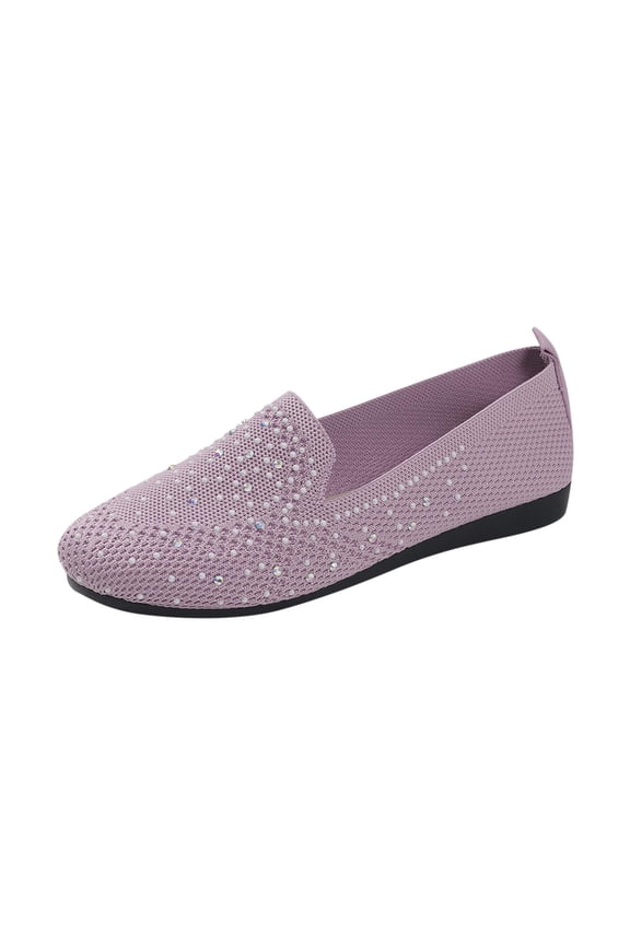 Pink Ladies Round Toe Flats Rhinestone Flying Mesh Breathable Closed Toe Slip-On Shallow Mouth Casual Outdoor Indoor Women