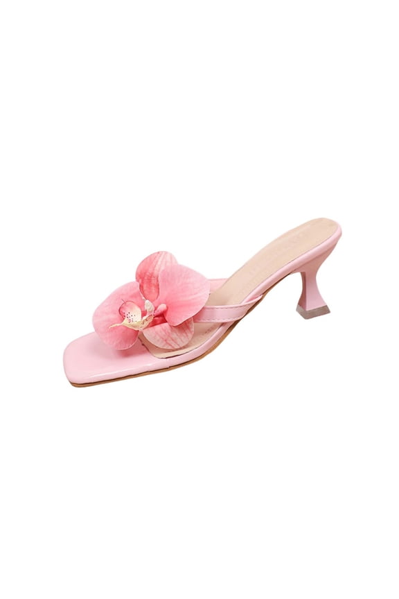 Pink Ladies Square Toe Open Toe Mules Featuring Floral Embellishments And Stiletto Heel Versatile Footwear