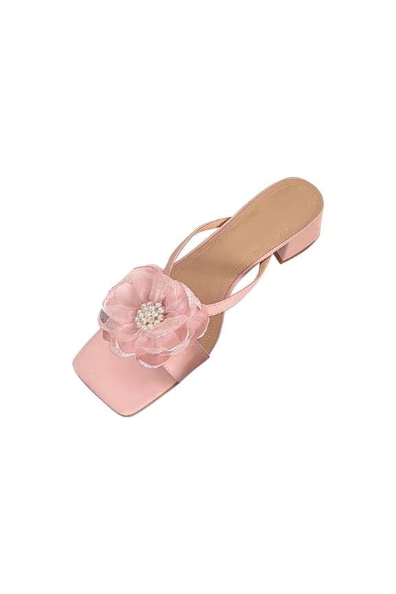 Pink Ladies Stylish Low Heel Slippers With Floral Design, Chunky Heel For Casual Wear, Durable Material