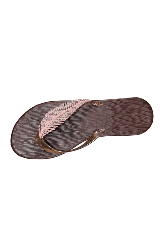 Pink Ladies Summer Fashionable Flat Rhinestone Leaf Herringbone Clip Slippers Round Toe Versatile