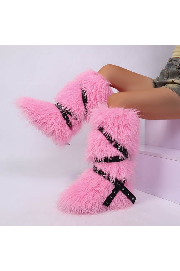 Pink Ladies Warm Knee High Footwear With Hairy Inside And No Heel For Winter Leisure Long Tube Design Round Toe Lace Up Design Outdoor Occasions