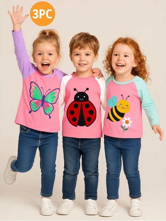 Toddler Girls Long Sleeve Raglan T Shirts 3 Pack – Pink Purple Butterfly, Pink White Ladybug, Pink Mint Bee – 100% Cotton Graphic Tops for Kids 5T