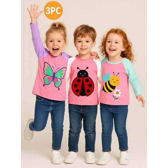 HILEELANG 2-7 Toddler/Little Girls Pink/Purple/Blue Butterfly Bee Ladybug Spring Graphic 100% Cotton Raglan Tee 6