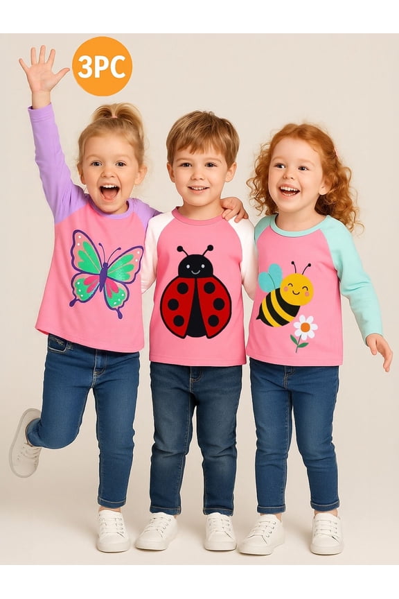 2-7 Toddler/Little Girls Pink/Purple/Blue Butterfly Bee Ladybug Spring Graphic 100% Cotton Raglan Tee 6