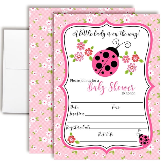 Pink Ladybug Baby Shower Invitations, 20 Fill-In Cards with Envelopes, 5x7 Baby Shower Invites & Supplies, New Baby Celebration Cards, Made in USA by Amanda Creation