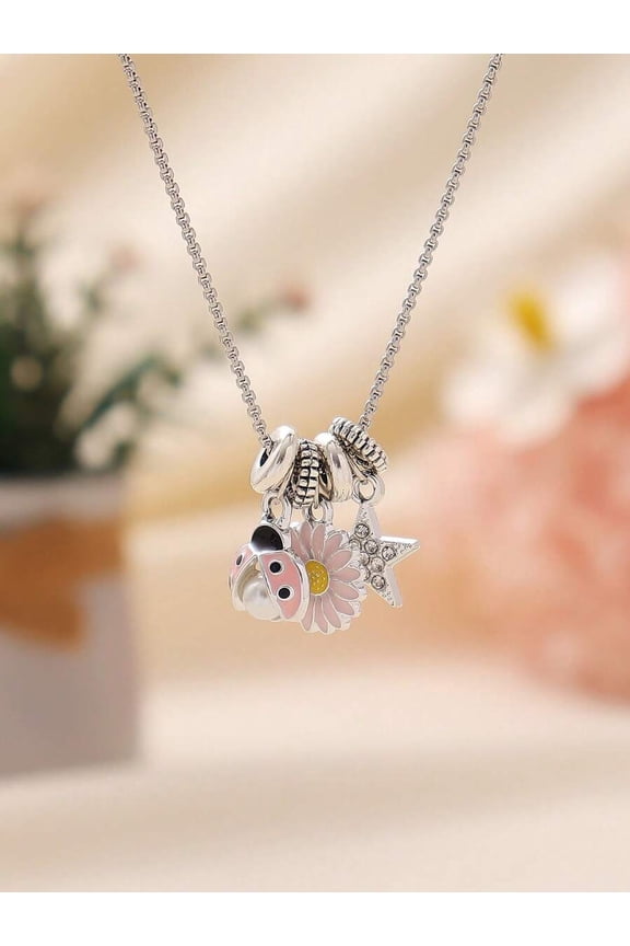 Pink Ladybug + Daisy Charm Pendant Necklace In Silvertone Stainless Steel For Women