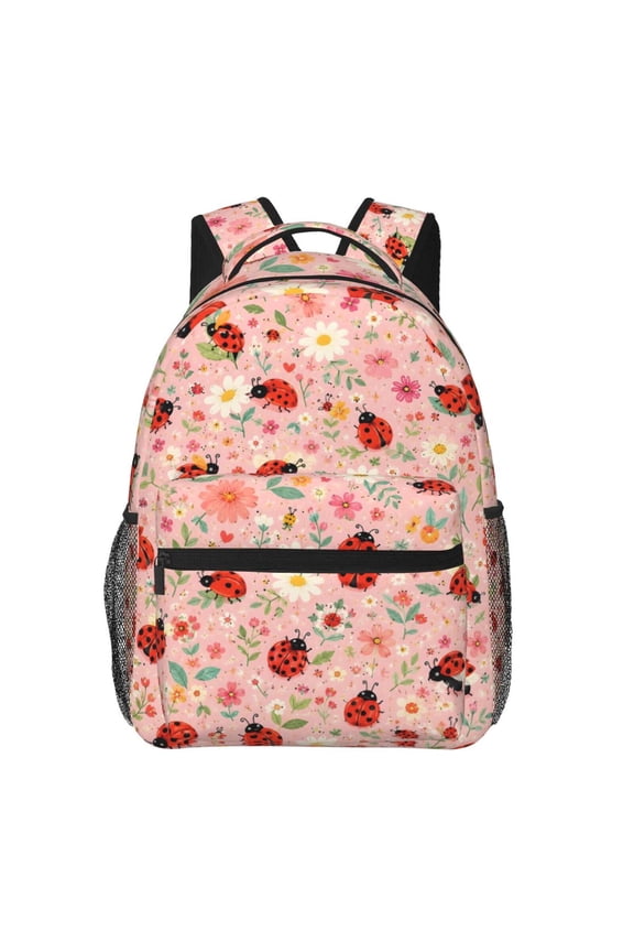 Pink Ladybug Floral Lightweight Casual Backpack Travel Daypack for Women Men Work Picnic Hiking Gift