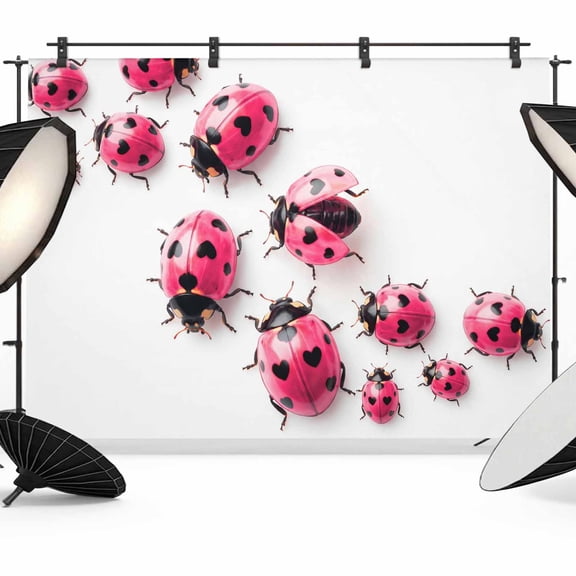 Pink Ladybug Photography Backdrop 12x8FT, Summer Watercolor Insects Art Countryside Farmhouse Photo Backdrops, Background for Photography Studio Photo Studio Background, Back Drop for Photoshoot