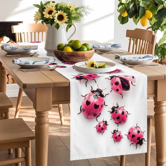 Pink Ladybug Table Runner, Summer Watercolor Insects Art Countryside Farmhouse Washable Kitchen Table Runners Dress Scarves for Dining Table Decorations Party/Restaurant/Indoor Outdoor Use, 13x36in