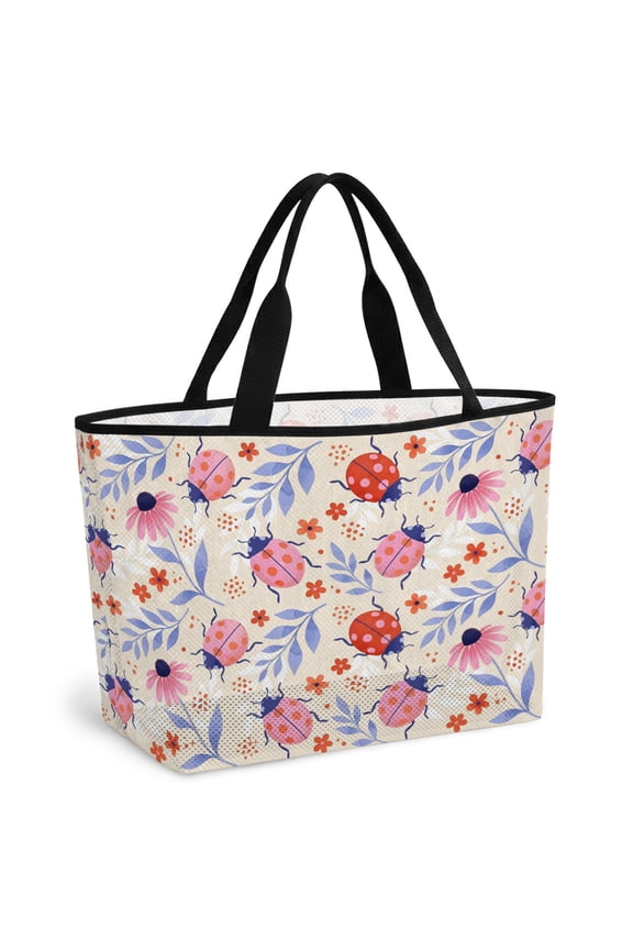 Pink Ladybugs Beach Bag for Women, Large Breathable Mesh Beach Tote Bag, Rustic Daisy Flowers Leaves Pastoral Beige Sandproof Lightweight Travel Bags for Vacation Picnic Swimming Pool