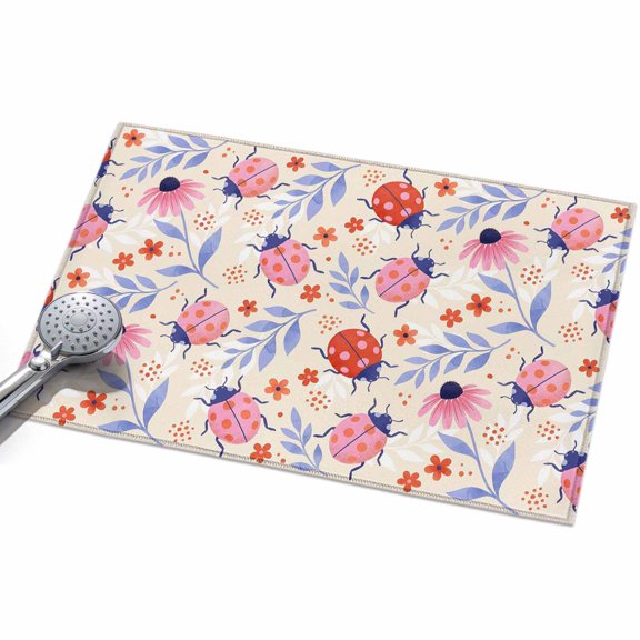 Pink Ladybugs Entryway Rug 2x3ft Washable Non Slip Bathroom Rug Indoor Floor Front Door Mat Rustic Daisy Flowers Leaves Pastoral Beige Rectangle Area Rugs Carpet for Kitchen Office Dining Room Home