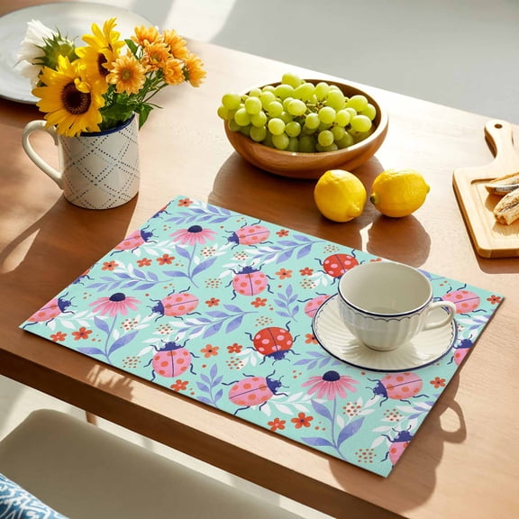 Pink Ladybugs Placemats Set of 12, Daisy Orange Flowers Purple Leaves Green Country Non-Slip Place Mats Washable Table Mats for Kitchen Dining Table Decorations Indoor/Outdoor