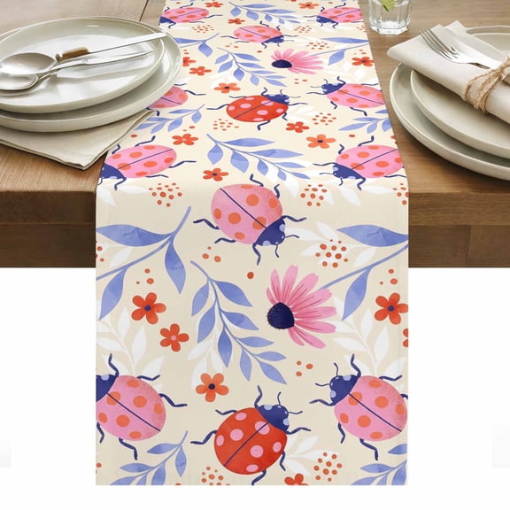 Pink Ladybugs Table Runner Rustic Daisy Flowers Leaves Pastoral Beige Tablerunners 18 x 72 Inch, Table Decorations Tabletop Scarf for Summer Gathering Holiday Farmhouse Kitchen Dining Decor