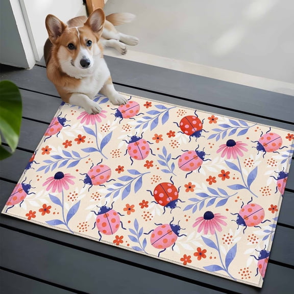 Pink Ladybugs Washable Entry Rug 2x3 Daisy Orange Flowers Purple Leaves Beige Country Low Pile Indoor Door Mat with Rubber Backing Thin Area Rug for for Entrance, Bedroom, Kitchen, Laundry, Bathroom