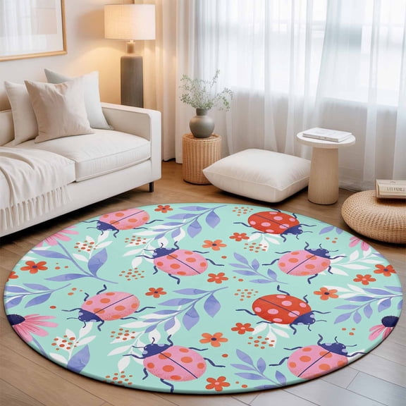 Pink Ladybugs Washable Round Area Rug 3 ft, Daisy Orange Flowers Purple Leaves Green Country, Soft Non Slip Rugs Stain Repellent Indoor Felt Carpet for Living Dining Room Bedroom Home Office