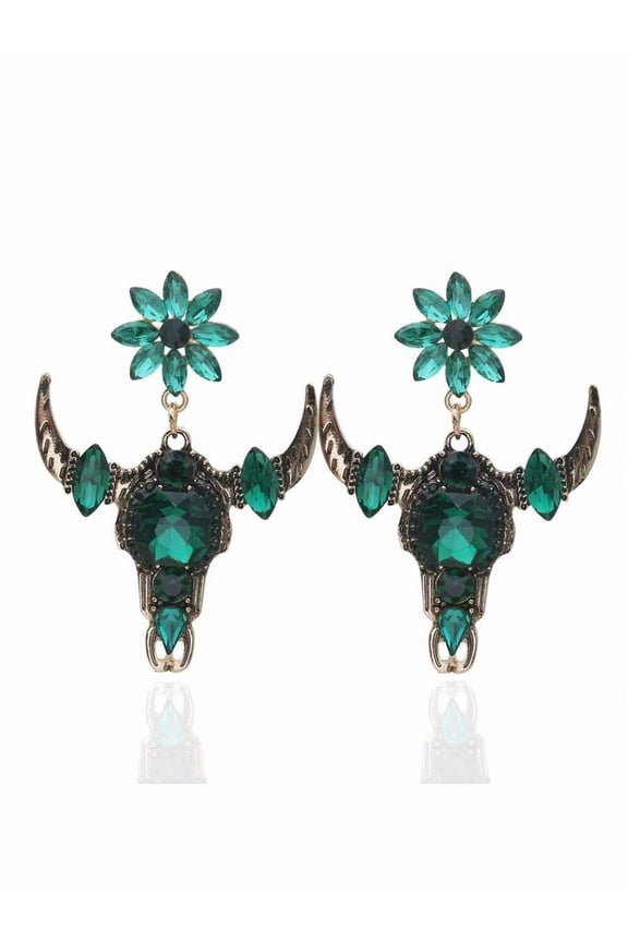 Pink + Lake Blue Cow Skull Dangle Earrings For Women Western Gothic Boho Vintage Drop Earrings With Horn & Floral Glass Accents