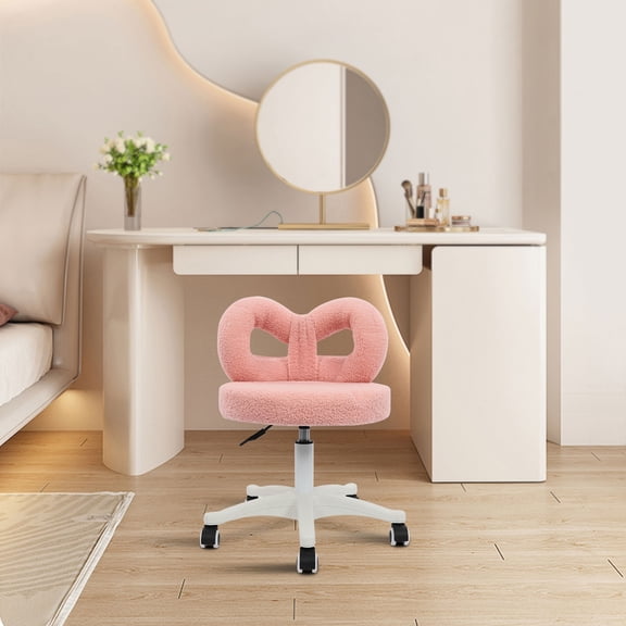 Pink Lambswool Bow Swivel Chair 360 Rotating Lifting Dressing Stool Bedroom Dressing Chair