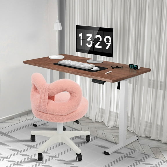 Pink Lambswool Pu Swivel Chair 55*65cm Bow Back Makeup Stool Lifting Study Chair