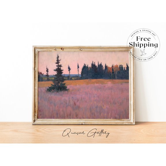 Pink Landscape Art Print Countryside Field, Unframed Paper Print