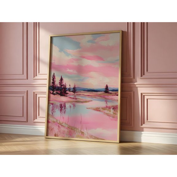 Pink Landscape Impressionist Pine Tree Dreamy Pastel Clouds Whimsical River Scene Decor for Living Room, Unframed Poster