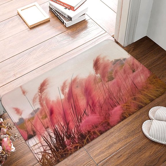 Pink Landscape Reed Print Welcome Door Mat, Absorbent Non-Slip Soft Flannel Entrance Rug, Washable Indoor Outdoor Doormat, 16" x 24"