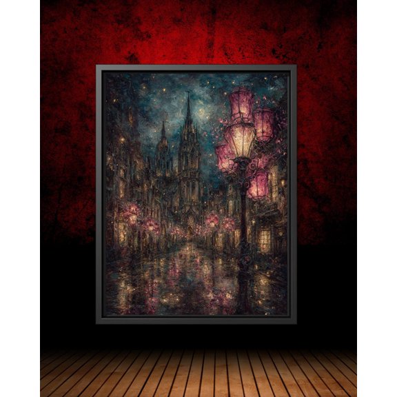 Pink Lantern Street Lamp Wall Art Poster, Gothic Cityscape At Night, Postered Style, Unframed Poster Size 8x12