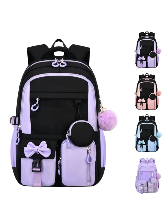 Pink Laptop Backpack, Large Capacity 32L Waterproof Nylon Travel Rucksack with Bow & Pom Pom, Fits 15.6 Inch Computer