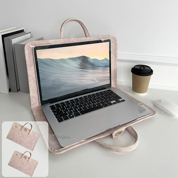 Pink Laptop Sleeve Case | PU Protective Cover with Handle | Foldable & Portable Carrying Bag for Slim Laptops | Soft Velvet Fabric