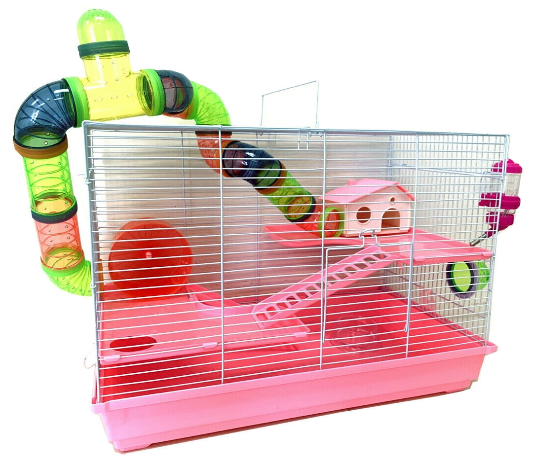 Pink Large 3-Story Hamster Habitat House Critters Expandable and Customizable Cage Gerbil Mouse Mice Complete Set of Accessories Crossover Tube Tunnel