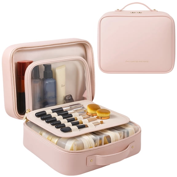 Pink Large-Capacity Stylish Cosmetic & Toiletry Bag for Women,12.2" Long-lasting Waterproof PU Leather with Soft Removable Brush Compartments & Organized Multiple Pockets