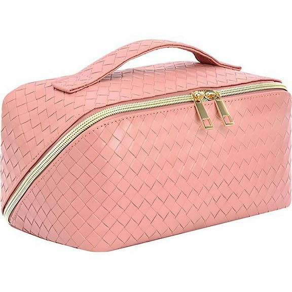 Pink Large Capacity Travel Cosmetic Bag Portable Leather Waterproof with Handle & Divider Flat Lay Check