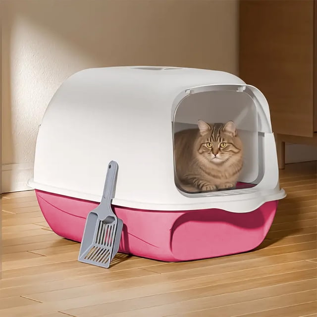 Pink Large Cat Litter Box 19x13x13 Inches Enclosed Covered Litter Box with Odor Control, Splash-Proof Design and Scoop for Indoor Use