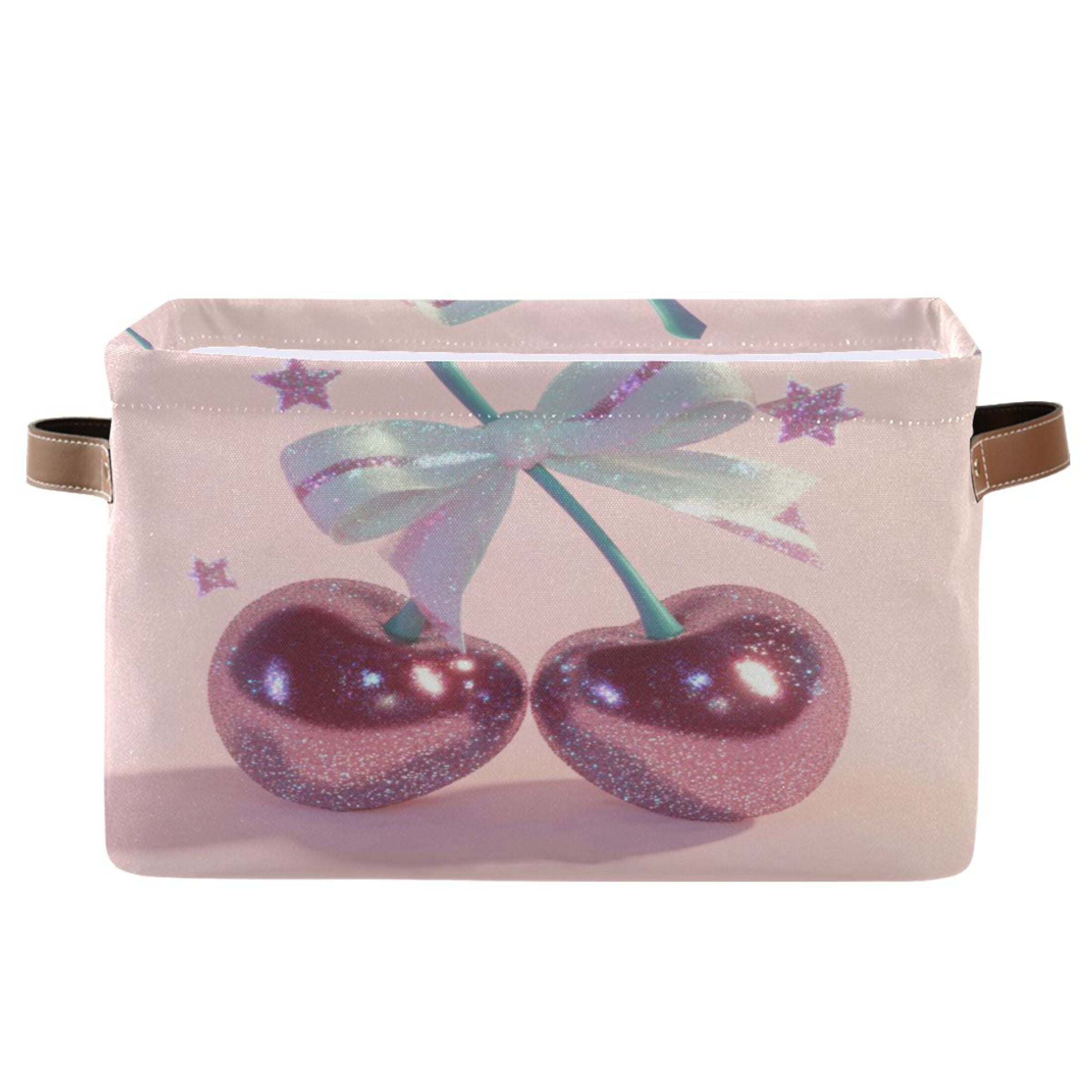 Pink Large Cherries Foldable Storage Basket,Canvas Fabric Foldable Storage Bins with Handles Open Home Storage Bins Boxes for Toy Book Shelf Closet Baskets
