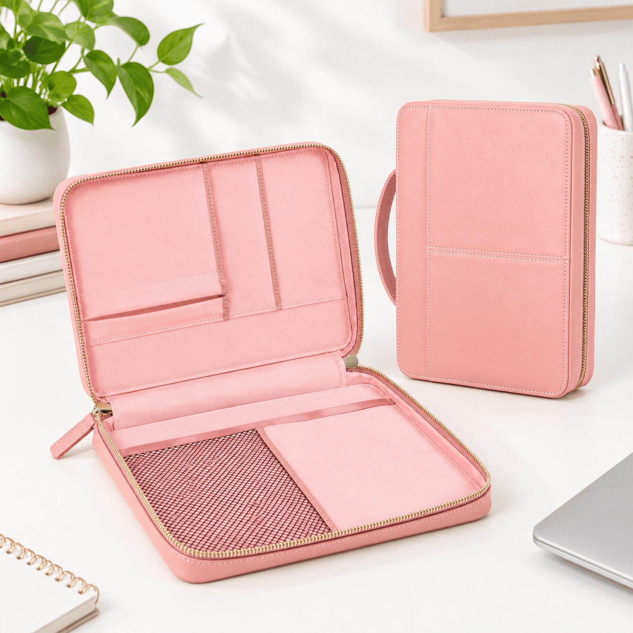 Pink Large Classic Leather Book Cover with Handle and Zipper Closure ...