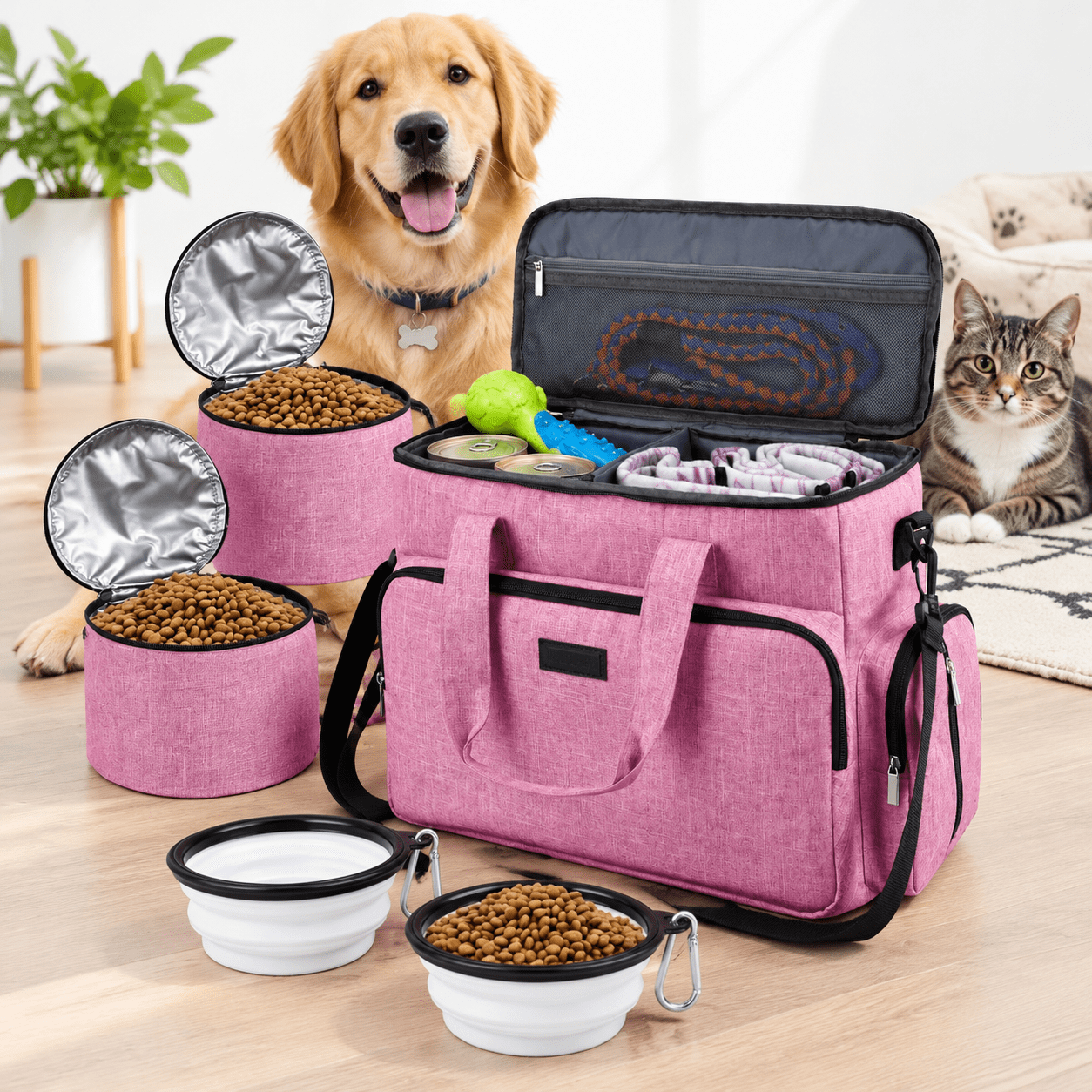 Pink Large Dog Travel Bag with Food Containers and Collapsible Silicone ...