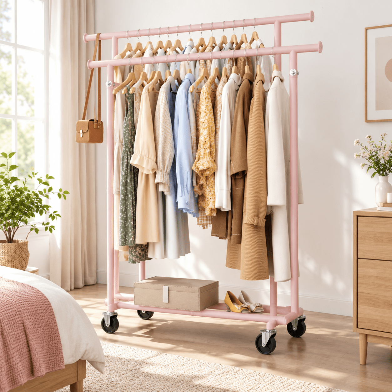 Pink Large Double Rod Rolling Clothes Rack for Hanging Garments with ...