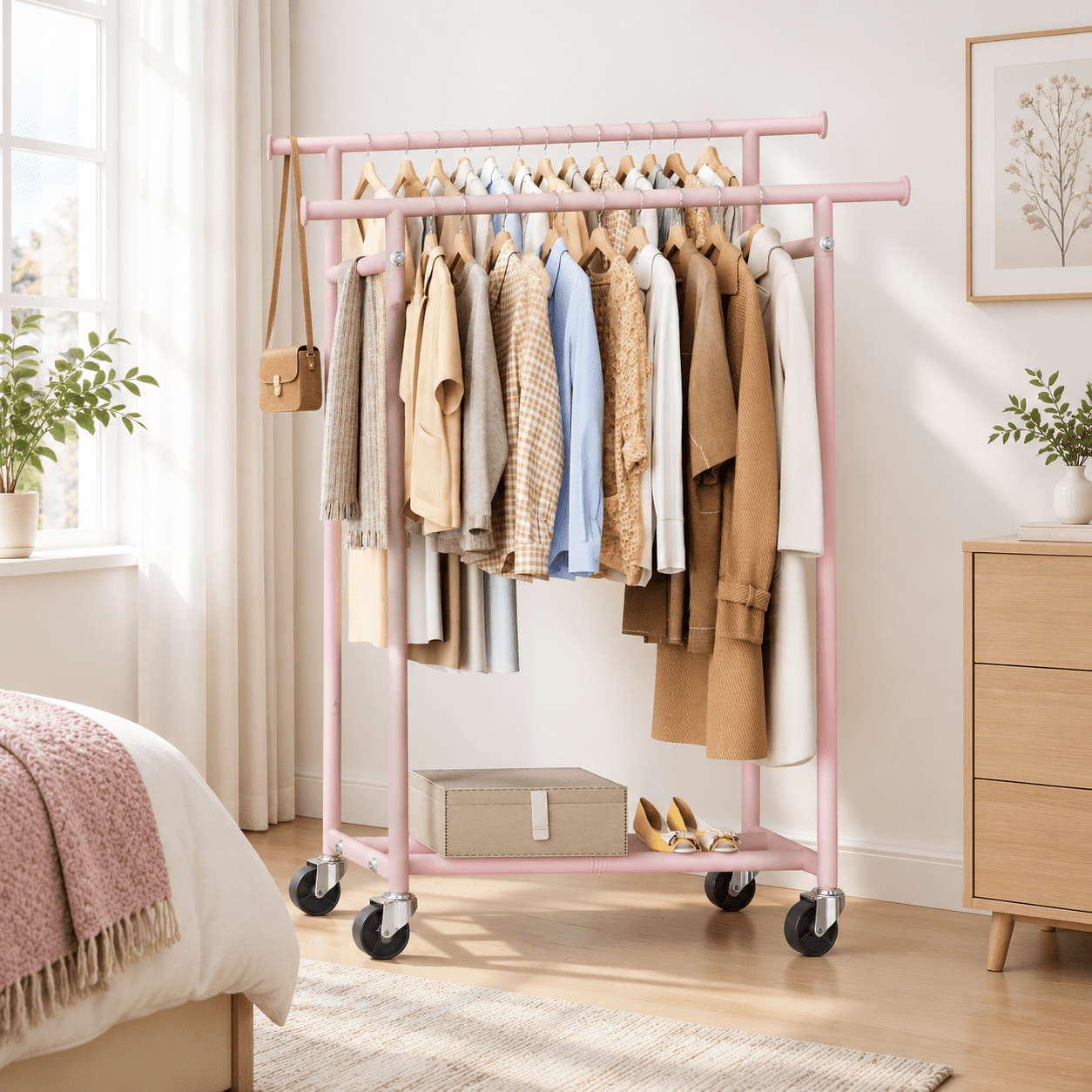 Pink Large Double Rod Rolling Clothing Rack for Hanging Garments with ...