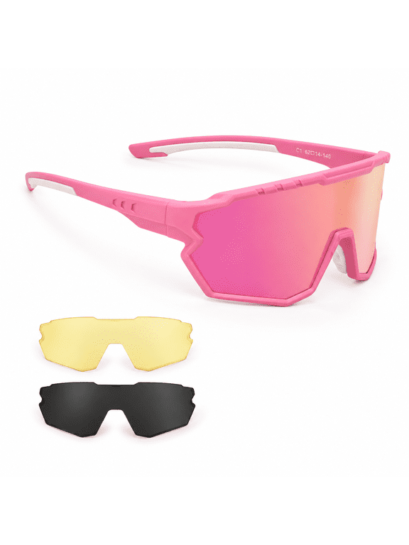 Pink Large Polarized TR90 Sports Sunglasses with Interchangeable Lenses