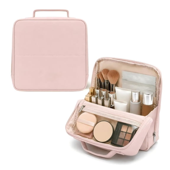 Pink Large Stand Up Makeup Bag, Travel Cosmetic Organizer with Phone Holder, Waterproof