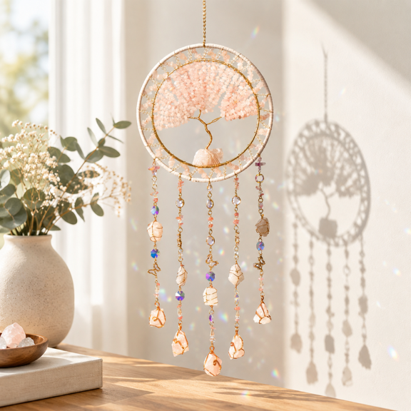 Pink Large Tree of Life Rose Quartz Crystal Sun Catcher with Prism Rainbow Reflections