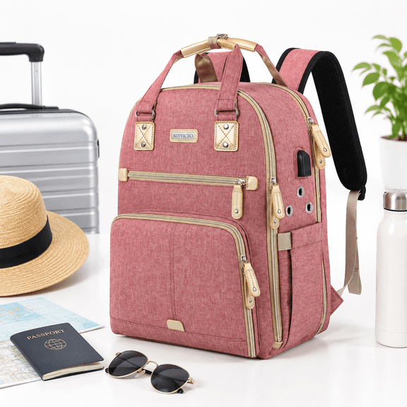 Pink Large Yarn Storage Tote Backpack with USB Charging Port for Crochet and Knitting Projects