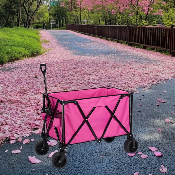 Pink Large-capacity Folding Trolley, Equipped with All-terrain Wheels, Adjustable Handle, Durable and Sturdy, Compact and Portable When Folded, Suitable for Shopping and Camping.