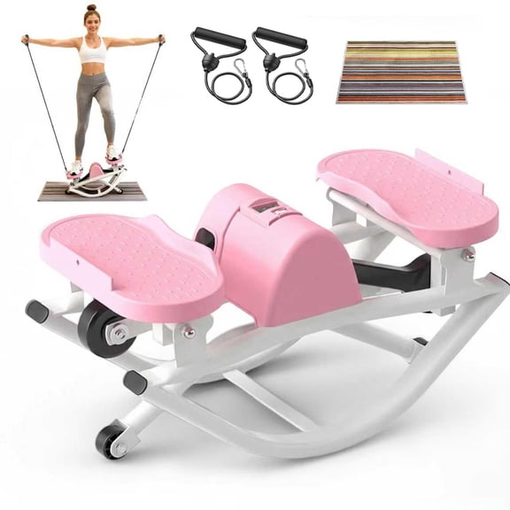 Pink Lateral Rocking Step Machine with Resistance Bands and Digital Counter