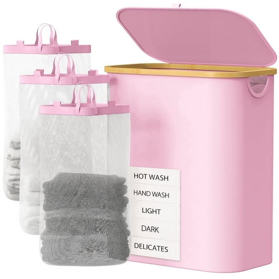 Pink Laundry Hamper With Lid, 160L Large Capacity With Removable Bags And Washable Bags, 5 Labels For Clothes Sorting, Laundry Basket For Bedroom, Laundry Room, Small Apartment Laundry Sorter