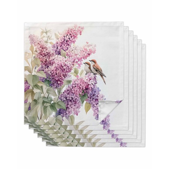 Pink Lavender Bird Cloth Napkins Set of 6 Reusable Dinner Napkins, Garden Floral Sparrow Flowers Leaf Cocktail Napkin Washable Table Napkins for Wedding/Holiday Party/Baby Shower 20"x20"