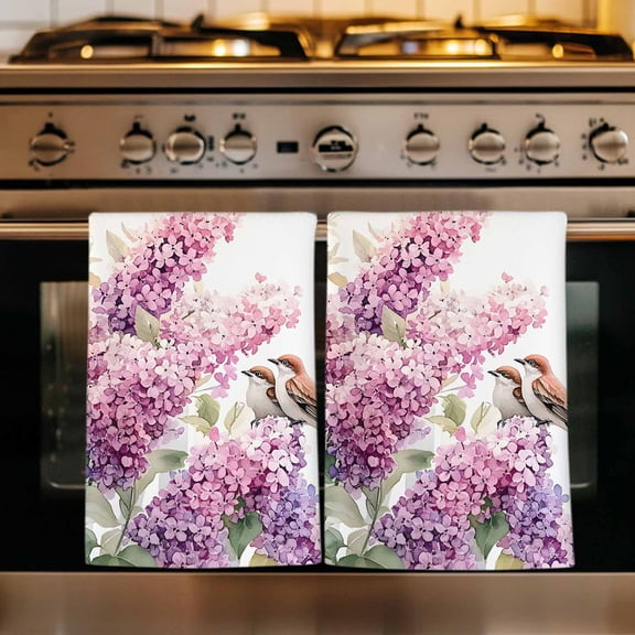 Pink Lavender Bird Kitchen Towels Set of 4, Garden Floral Sparrow Flowers Leaf Absorbent Dish Towels for Kitchen, Microfiber Hand Towel, Quick Drying Tea Towel for Cleaning Decorative Dishcloths