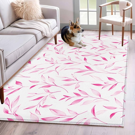 Pink Leaf Area Rug 3x5 FT, Non Slip Entryway Bedside Carpet, Modern Botanical Foliage Plant Country Flower Washable Soft Floor Carpet Indoor Mat Non-Shedding Throw Rugs for Dorm Kitchen Home Office